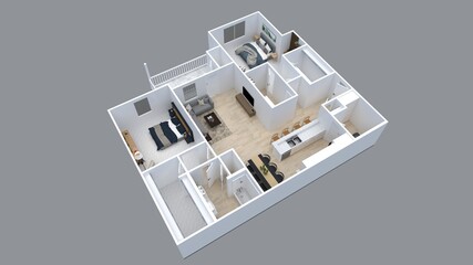 3D Floor plan of a 2 bedroom home, 3D illustration. Open concept living apartment layout