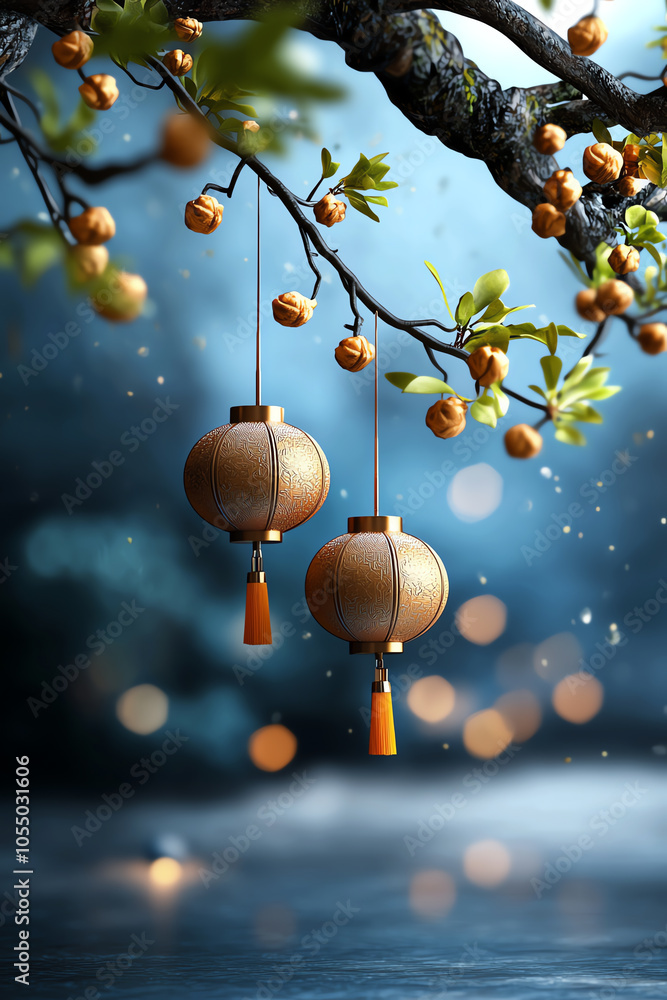 Poster enchanting lanterns with traditional knot tassels suspended from a branch in a mystical setting