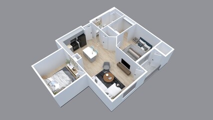 3D Floor plan of a 2 bedroom home, 3D illustration. Open concept living apartment layout