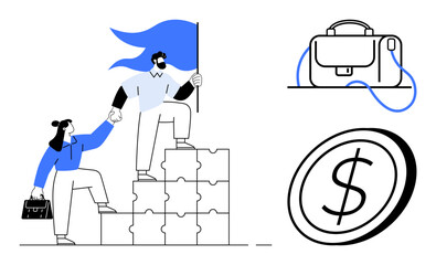 Team members assisting each other on puzzle blocks with flag, briefcase, and coin with dollar symbol. Ideal for business growth, teamwork, leadership, finance, investment, partnership, and support