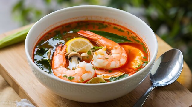 A delicious bowl of Tom Yum soup featuring succulent shrimp, perfect for food enthusiasts seeking to explore traditional Thai flavors with a modern twist, ideal for culinary articles or food blogs.