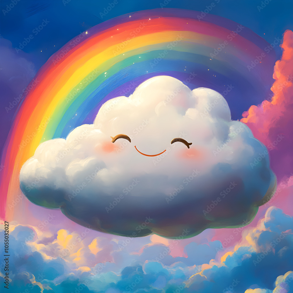 Poster smiling cloud floating in a vibrant sky with a rainbow arching overhead