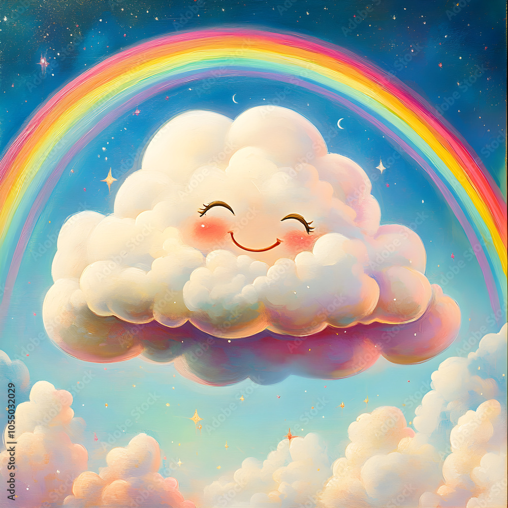 Poster smiling cloud floating in a vibrant sky with a rainbow arching overhead
