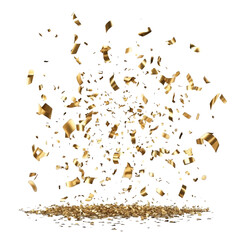 Falling shiny golden ribbon confetti and Gold confetti festival celebration isolated on transparent background, PNG clipart