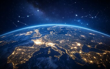 Obraz premium global network concept with lines connecting various cities on Earth at night viewed from space telecommunications and internet connection technology