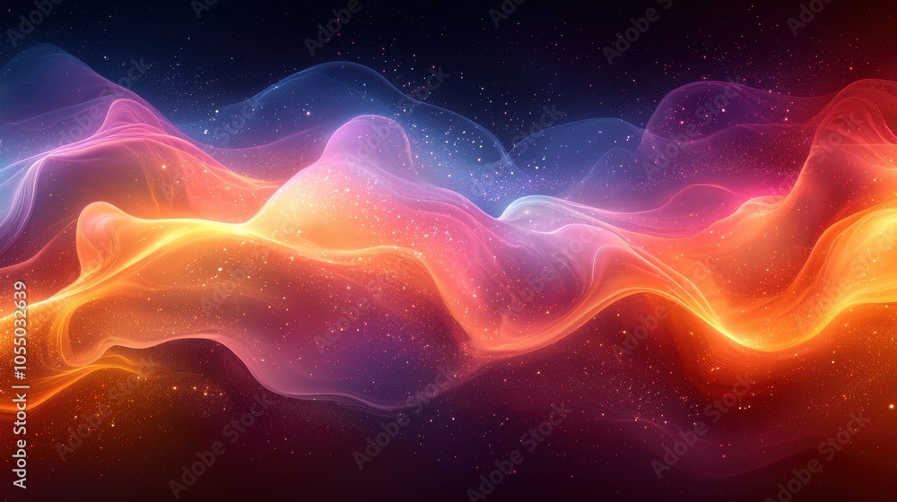 Poster colorful abstract wave patterns flowing elegantly through the dark background, creating a vibrant an
