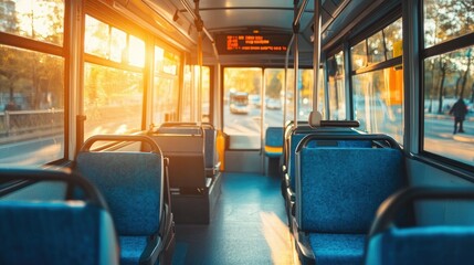 Fototapeta premium The interior of a public bus with blue seats, large windows, and natural light streaming in, capturing the urban transport environment. Free space for text.