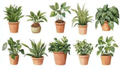 Fototapeta premium Watercolor Houseplants in Terracotta Pots