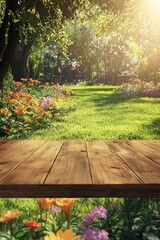 Naklejka premium A wooden table with an empty space for product display, set against the backdrop of a green garden with sunlight