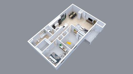 3D Floor plan of a 2 bedroom home, 3D illustration. Open concept living apartment layout