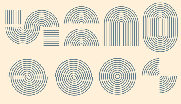 Simple geometric lines stroke shapes vector neutral graphic modern boho style design, set of minimalist linear arch half circles abstract elements image clip art retro spiral swirl twist figures
