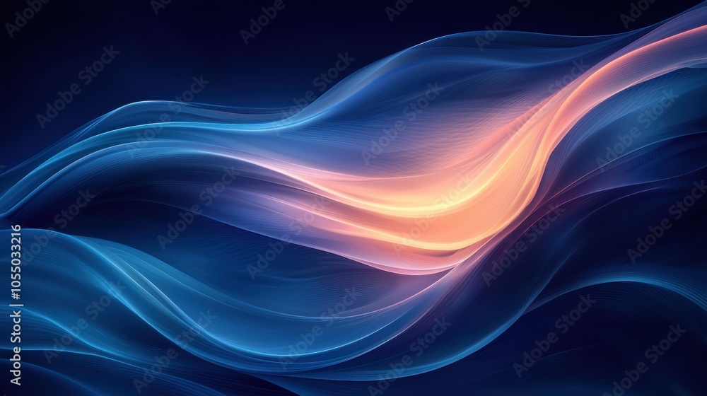 Poster smooth flowing waves of blue and orange light create a serene abstract design in a dark background c