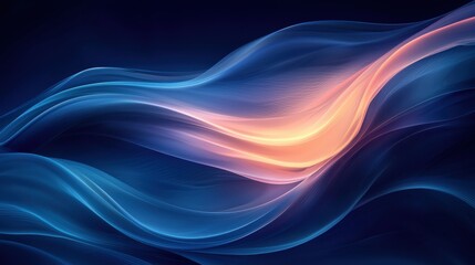 Smooth flowing waves of blue and orange light create a serene abstract design in a dark background capturing a sense of calm and tranquility