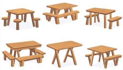 Rustic Wooden Picnic Tables and Benches