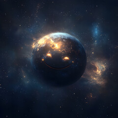 Fototapeta premium Smiling planet Earth in space, with stars and a glowing galaxy behind it