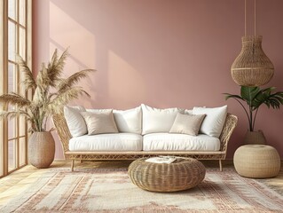 Soft pink walls paired with white minimalist furniture and natural wood elements for a warm, uncluttered family room
