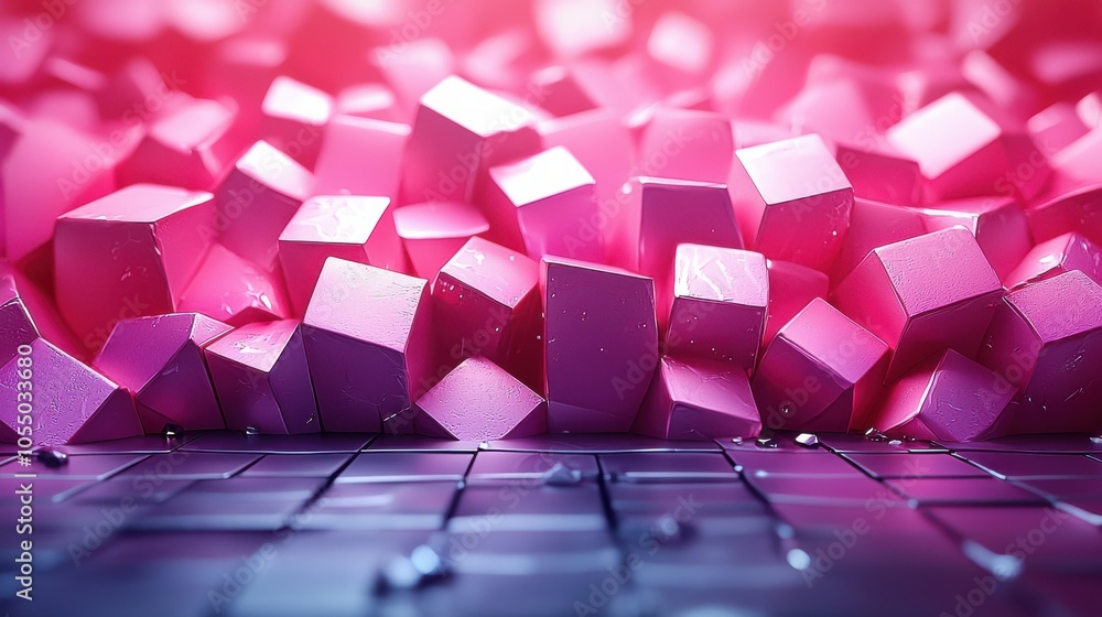 Poster colorful pink blocks scattered on a textured surface, creating an abstract pattern in vibrant lighti
