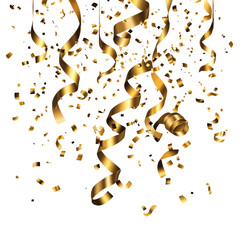 Falling shiny golden ribbon confetti and Gold confetti festival celebration isolated on transparent background, PNG clipart