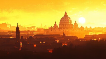 Fototapeta premium Sunset over Rome with St. Peter Basilica silhouetted against the sky.