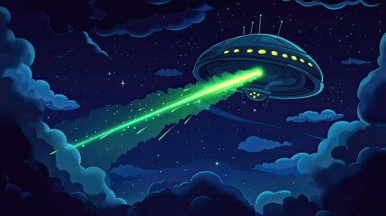 a cartoon-style UFO hovering in a starry night sky. The UFO is a classic flying saucer shape with a domed top and a ring of lights around the bottom. Green beams of light shoot out from the bottom of 