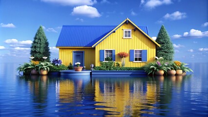 Obraz premium A yellow and blue house on a small island in the middle of the sea with flowers and trees.