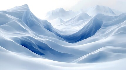 A serene winter landscape showcasing snow-covered mountains with soft, rolling slopes. The scene captures the tranquility and beauty of a snowy wilderness under soft light.