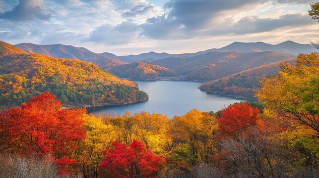 The changing leaves at Nami Island during autumn, creating a vibrant landscape of red, orange, and yellow.