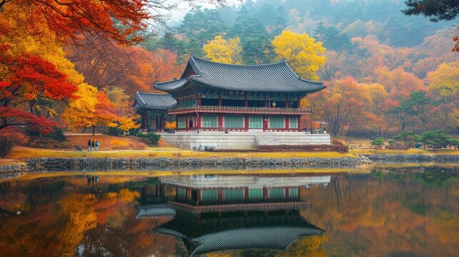 The changing leaves at Nami Island during autumn, creating a vibrant landscape of red, orange, and yellow.