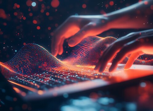 Man's hands working with a laptop and a digital data stream hologram on a dark background Abstract futuristic tech waves of light flow from the keyboard