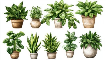 Fototapeta premium Watercolor Houseplants in Pots