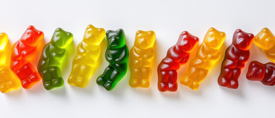Naklejka premium Vibrant gummy bears in various colors arranged in playful line