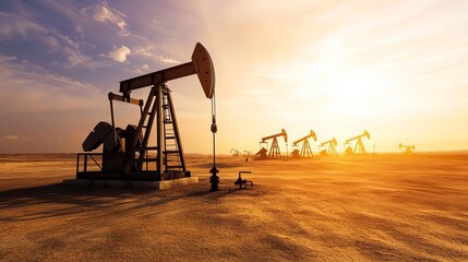 Oil pumps in a desert landscape during sunset, showcasing the energy sector and natural resource extraction.