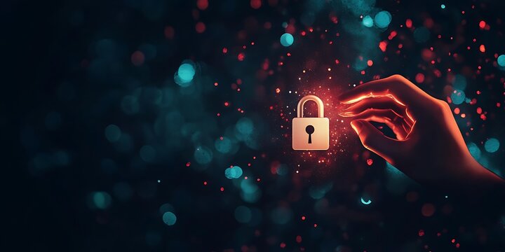 Hand touching a digital padlock icon on a virtual screen representing data protection and cyber security concepts against a dark background with ample The banner features a large