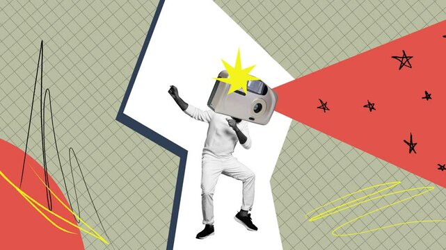 Motion collage video of anonym man instead head retro camera dance photographer capture moment cadre flash 