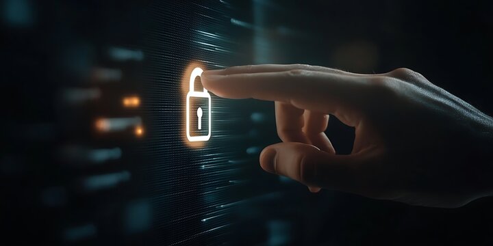 Hand touching a digital padlock icon on a virtual screen representing data protection and cyber security concepts against a dark background with ample The banner features a large