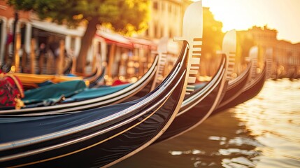 Obraz premium Venice famous gondolas lined up on the Grand Canal, a view of iconic architecture.