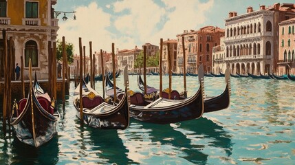 Fototapeta premium Venice famous gondolas lined up on the Grand Canal, a view of iconic architecture.