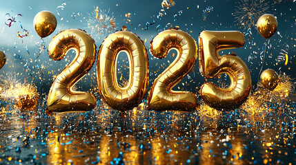 Sparkling 2025 golden balloons, with glitter a against festive background. New Year 2025