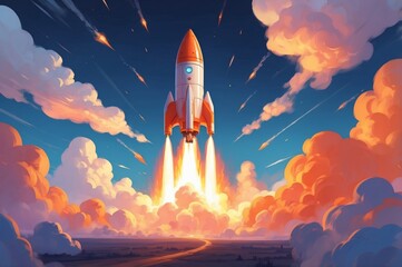 A vibrant rocket launches into a colorful sky filled with clouds during sunset, showcasing the thrill of space exploration