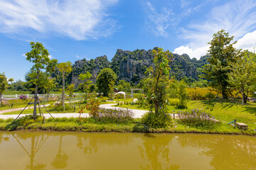 Obraz premium The natural background of the camping ground has chairs to sit and enjoy the natural view. The air is fresh and the atmosphere is surrounded by trees and big mountains.