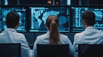 Three scientists analyze data on screens in a modern lab, focused on research and technology advancements.