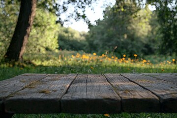 Naklejka premium Close-up of an old wooden table with a blurred green forest in the background. Nature concept. Summertime, spring nature with a blooming wild flower meadow and trees