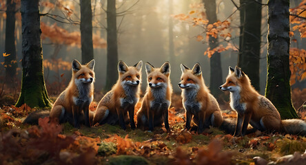 a group of foxes sitting in a forest clearing, all looking forward with attentive expressions, surrounded by autumn foliage and mushrooms