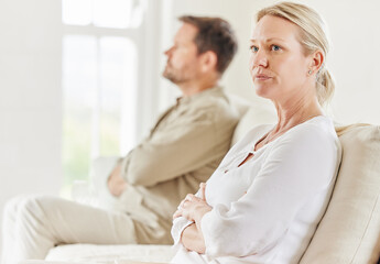 Woman, couple conflict and silence in home, toxic relationship and frustration with husband. People, fight and ignore man in living room for mistake or marriage fail, divorce and drama of betrayal