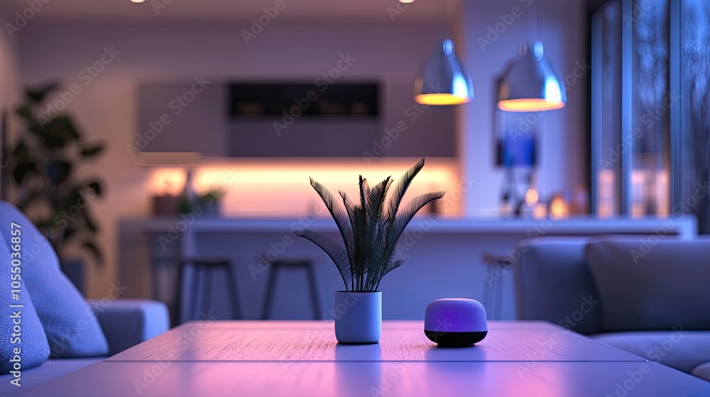 Aufkleber virtual assistant device glowing in response to voice commands in a smart home.