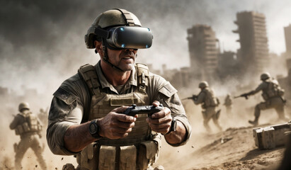 Fototapeta premium Soldier using virtual reality headset during military training in a post-apocalyptic urban environment