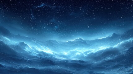 Fototapeta premium A serene night sky with stars over calming ocean waves under a moonlit glow in a tranquil coastal environment