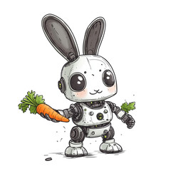Robot bunny holding carrot, cute design, cartoon style, playful expression, isolated on transparent...