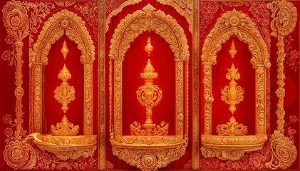 Beautiful intricate details of temple, ornaments wallpaper, decorative elements design illustration, golden textures template 