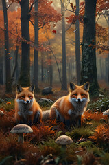 Fototapeta premium a group of foxes sitting in a forest clearing, all looking forward with attentive expressions, surrounded by autumn foliage and mushrooms